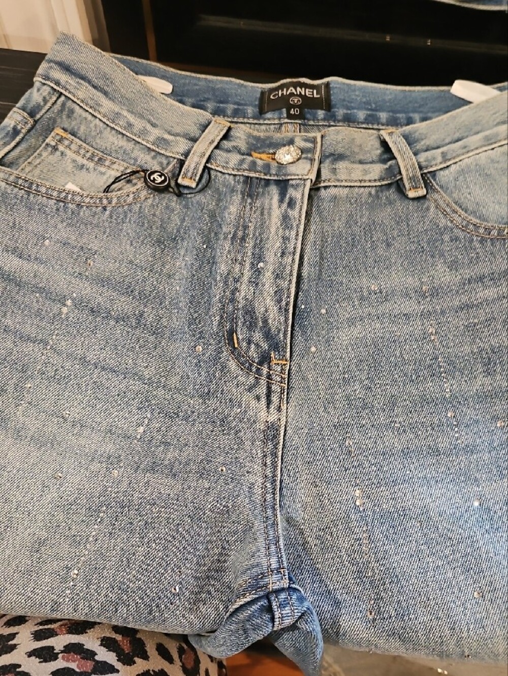 CHANEL Light Blue Wide-Leg Women's Jeans with Subtle Crystal Detail - Picture 6 of 7